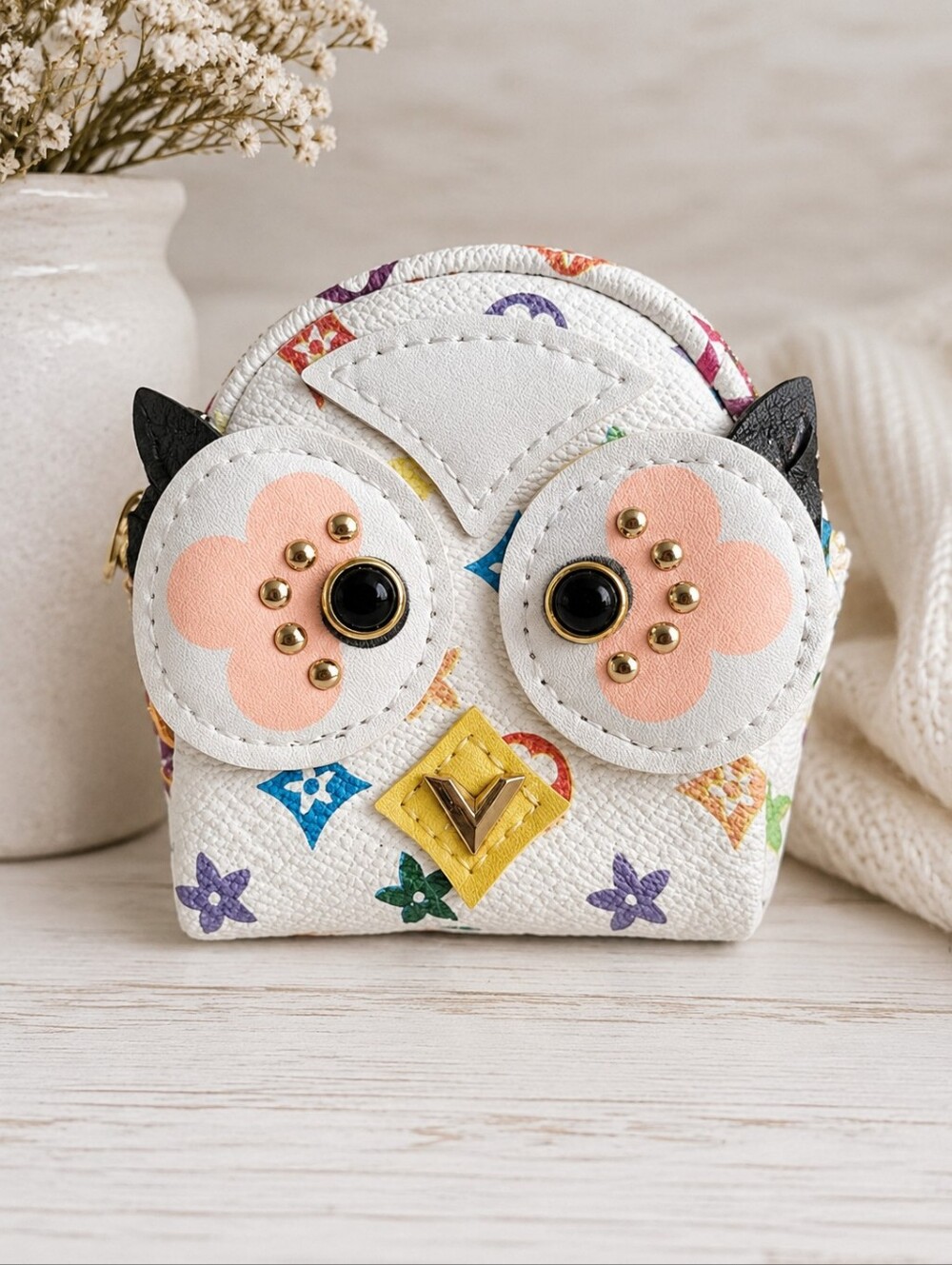 Owl Coin Purse - White with Pastel Accents
